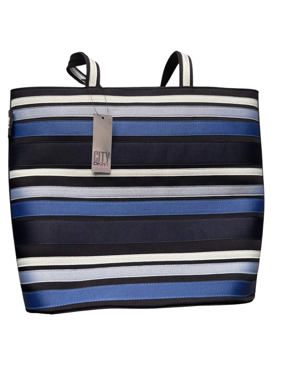 DKNY Striped City Tote in Blue, Black and White